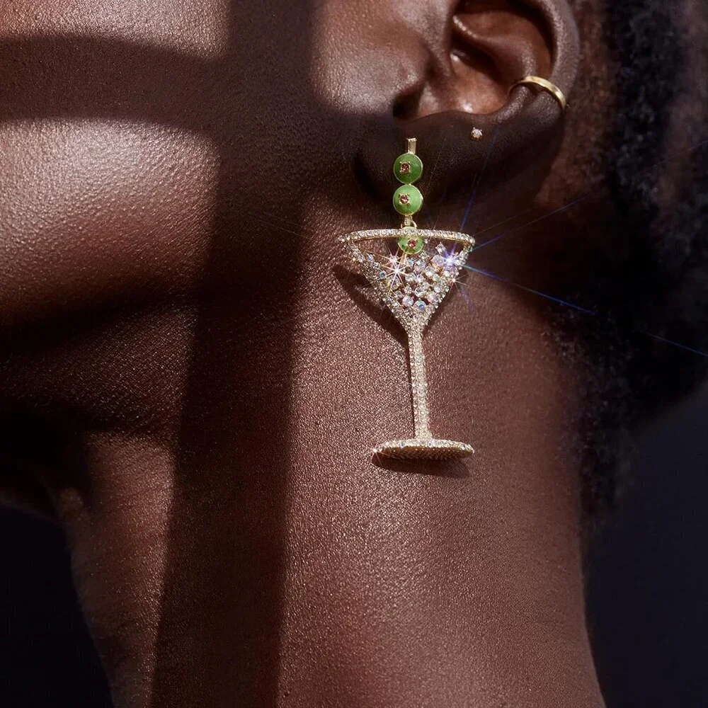 Food & Drink Martini Earrings Brass Glass Dangle Costume Jewelry Women